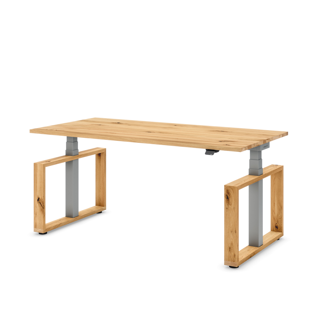 Höhenverstellbarer Schreibtisch Masterlift® Flex Loop-Edition, Holz Rechteck, Eiche Massivholz/Silber 180x80