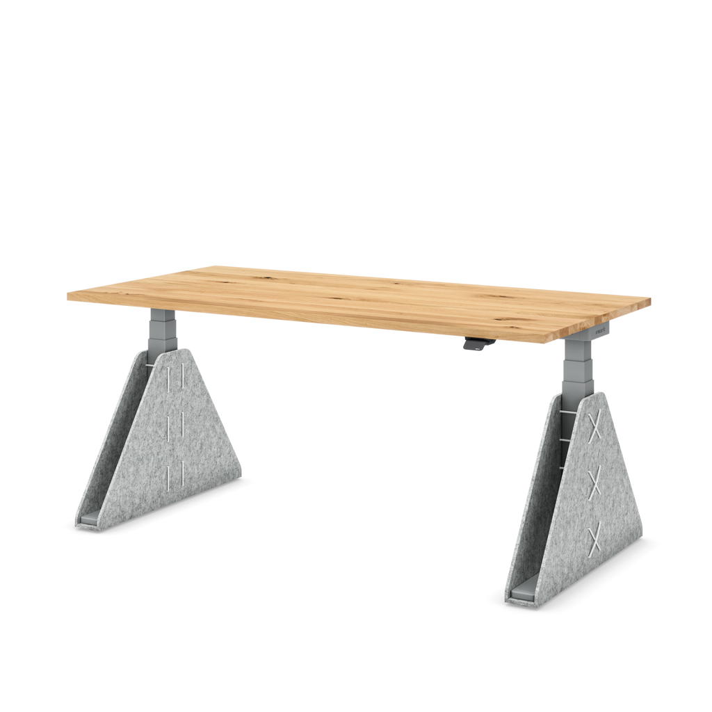 Höhenverstellbarer Schreibtisch Masterlift® Flex Akustix®-Edition, Trapez Hellgrau, Eiche Massivholz/Silber 160x80