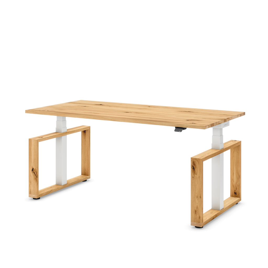 Höhenverstellbarer Schreibtisch Masterlift® Flex Loop-Edition, Holz Rechteck, Eiche Massivholz/Weiss 160x80
