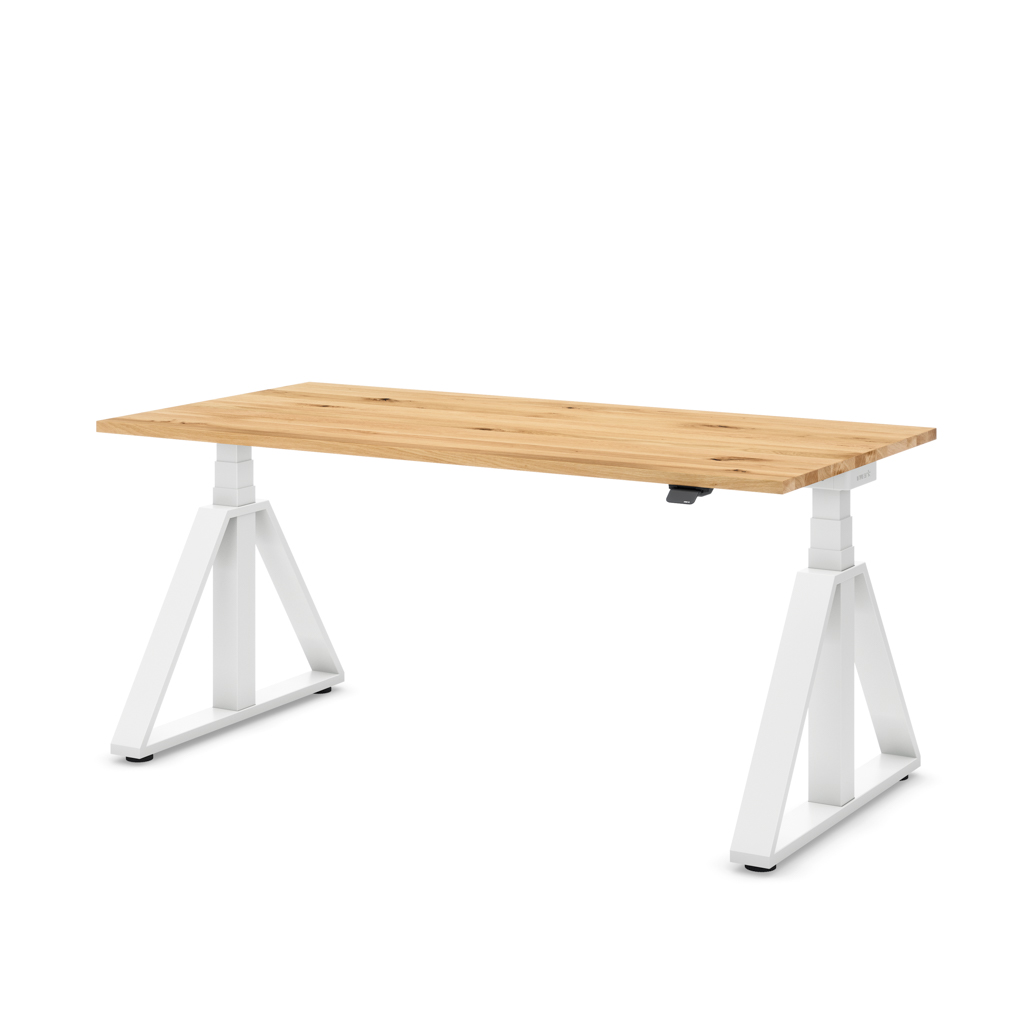 Höhenverstellbarer Schreibtisch Masterlift® Flex Loop-Edition, Stahl Trapez, Eiche Massivholz/Weiss 160x80