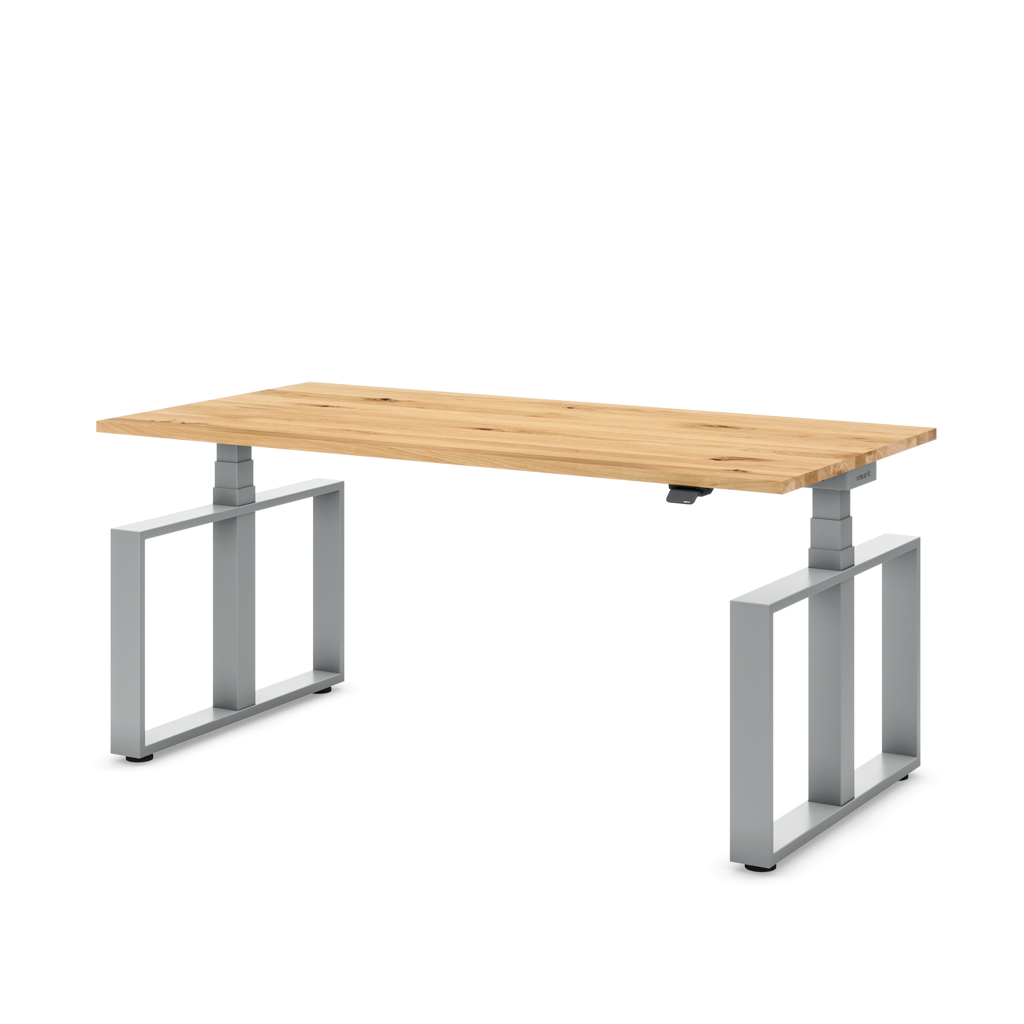Masterlift® Flex höhenverstellbarer Schreibtisch Loop Stahl Edition Rechteck Eiche Massivholz/Silber 160x80