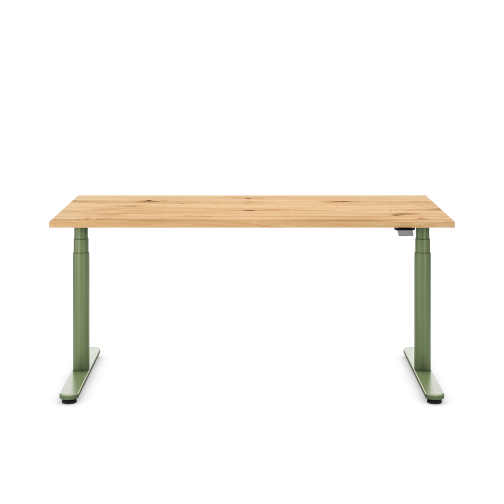 Höhenverstellbarer Schreibtisch Masterlift® Flex Basic rund, Eiche Massivholz/Resedagrün 160x80