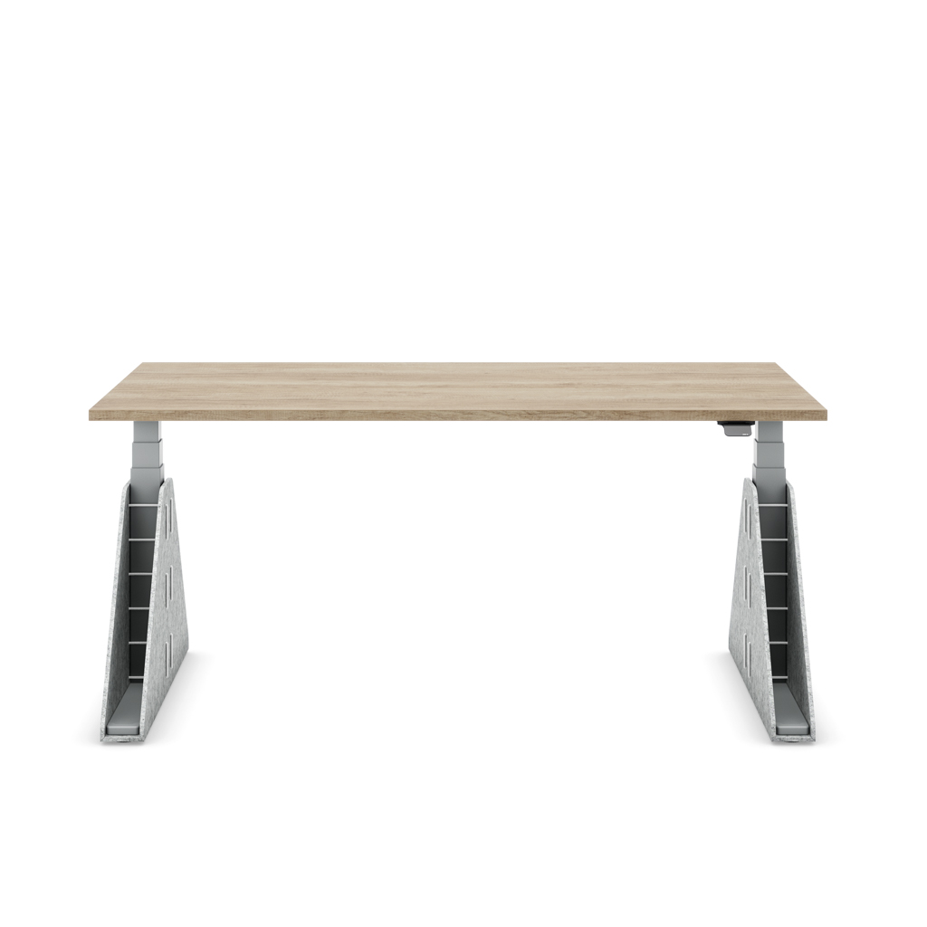 Höhenverstellbarer Schreibtisch Masterlift® Flex Akustix®-Edition, Trapez Hellgrau, Eiche Dekor/Silber 180x80