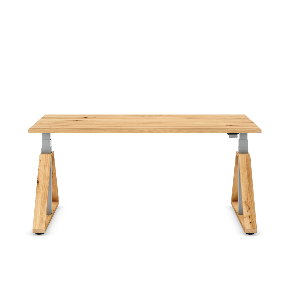 Höhenverstellbarer Schreibtisch Masterlift® Flex Loop-Edition, Holz Trapez, Eiche Massivholz/Silber 160x80