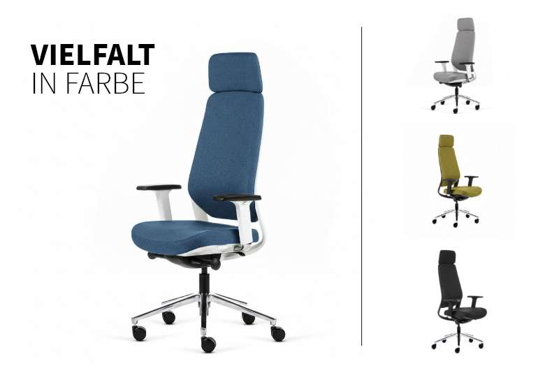 Teamo® Plush Plus - Ergonomischer Bürostuhl mit Kopfstütze, Vollpolster, Weiss/Blau