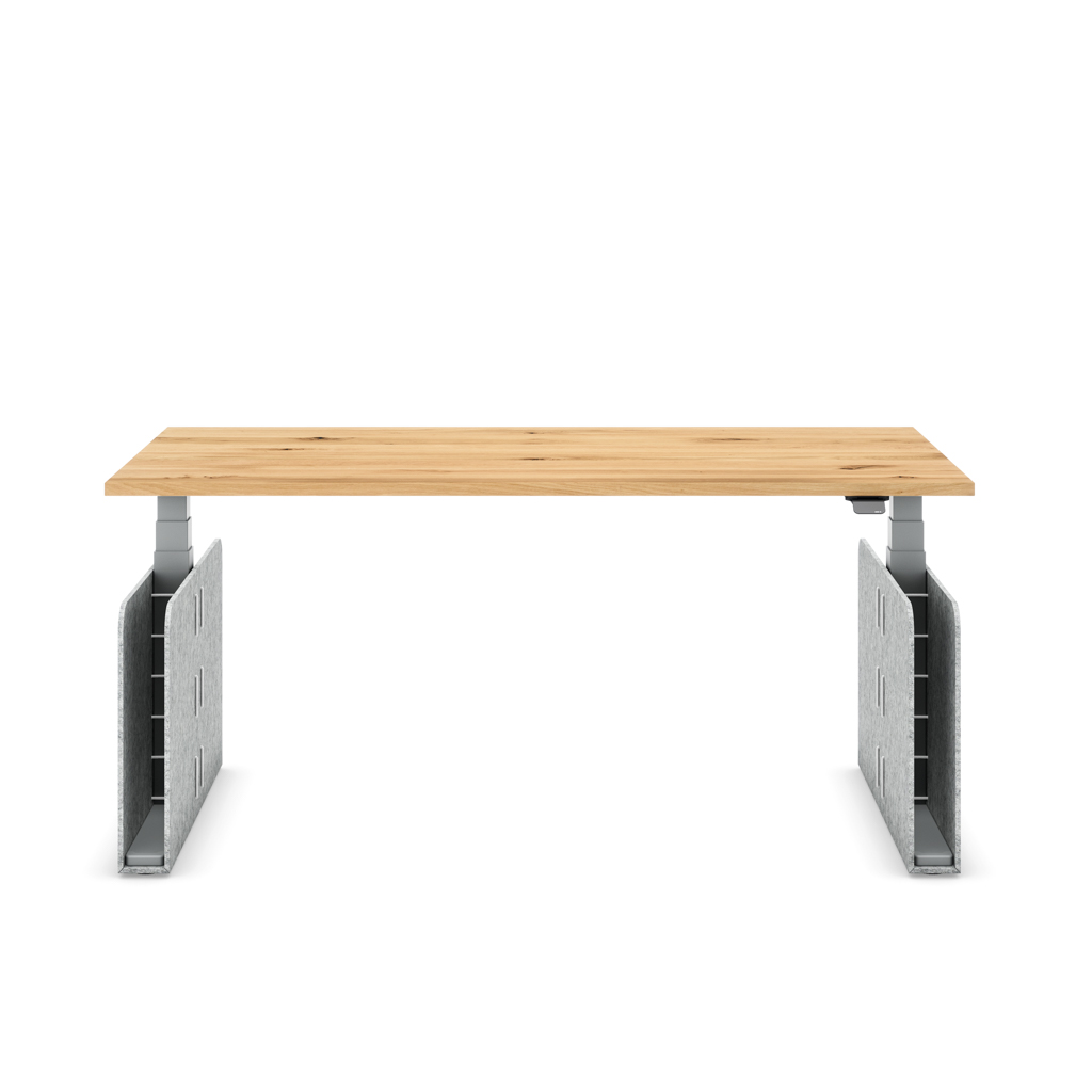 Höhenverstellbarer Schreibtisch Masterlift® Flex Akustix®-Edition, Rechteck Hellgrau, Eiche Massivholz/Silber 160x80