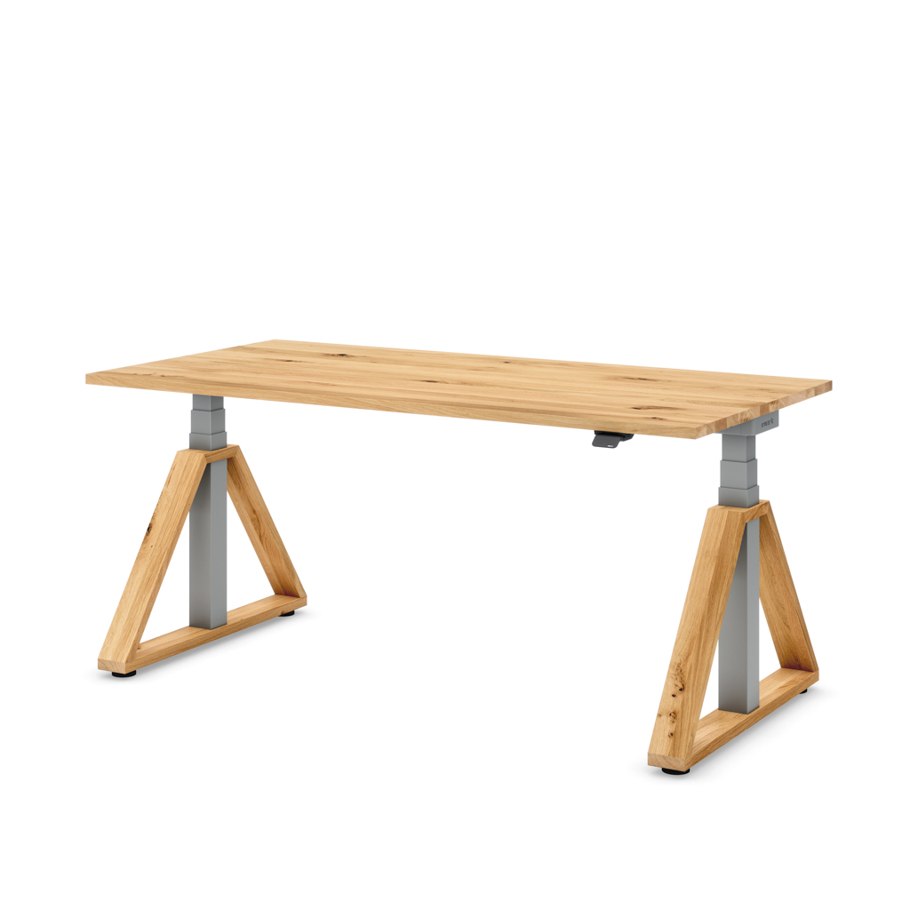 Höhenverstellbarer Schreibtisch Masterlift® Flex Loop-Edition, Holz Trapez, Eiche Massivholz/Silber 160x80
