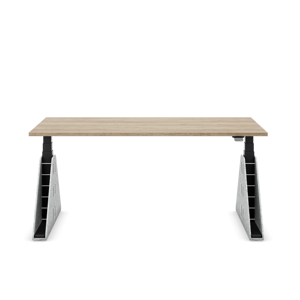 Höhenverstellbarer Schreibtisch Masterlift® Flex Akustix®-Edition, Trapez Hellgrau, Eiche Dekor/Schwarz 180x80