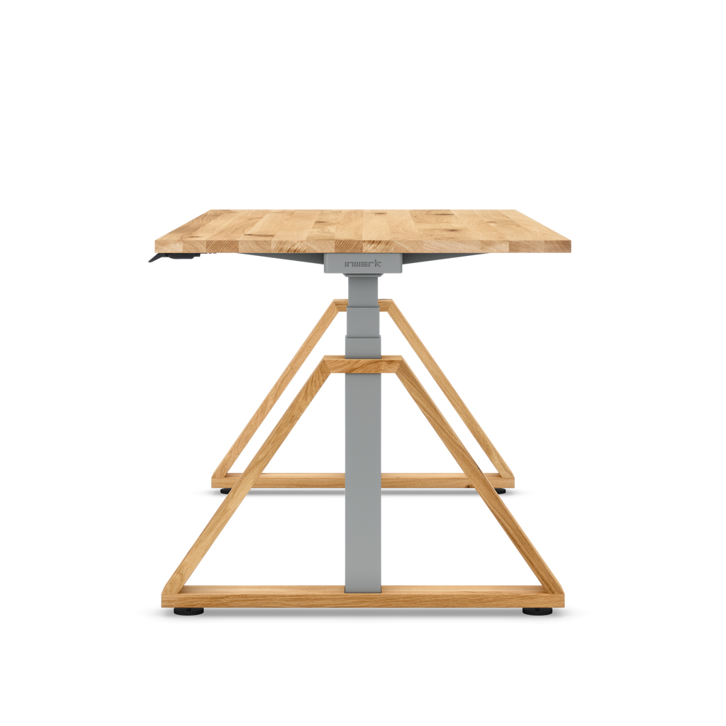 Höhenverstellbarer Schreibtisch Masterlift® Flex Loop-Edition, Holz Trapez, Eiche Massivholz/Silber 160x80