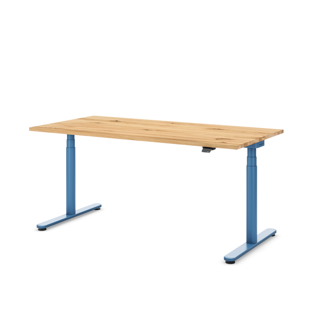 Höhenverstellbarer Schreibtisch Masterlift® Flex Basic rund, Eiche Massivholz/Brillantblau 160x80