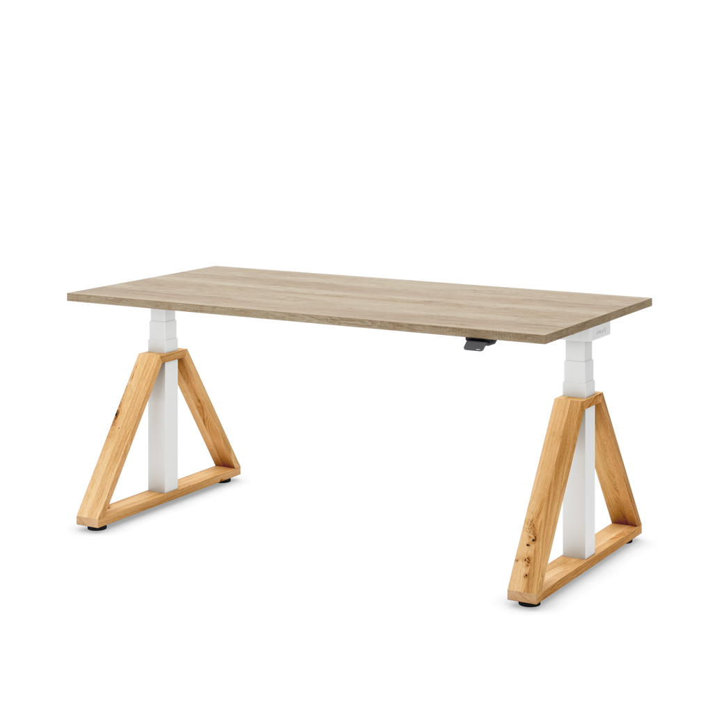 Höhenverstellbarer Schreibtisch Masterlift® Flex Loop-Edition, Holz Trapez, Eiche Dekor/Weiss 160x80