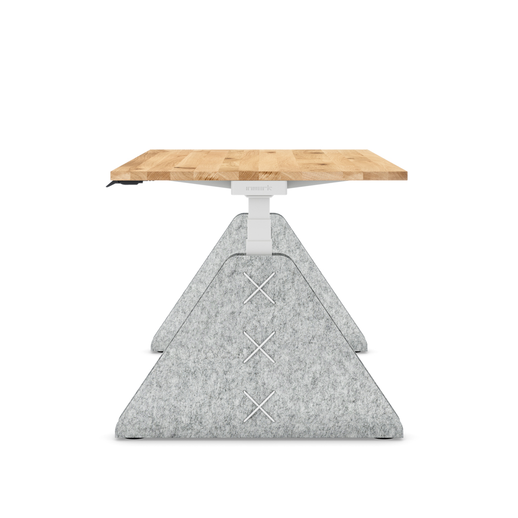 Höhenverstellbarer Schreibtisch Masterlift® Flex Akustix®-Edition, Trapez Hellgrau, Eiche Massivholz/Weiss 160x80