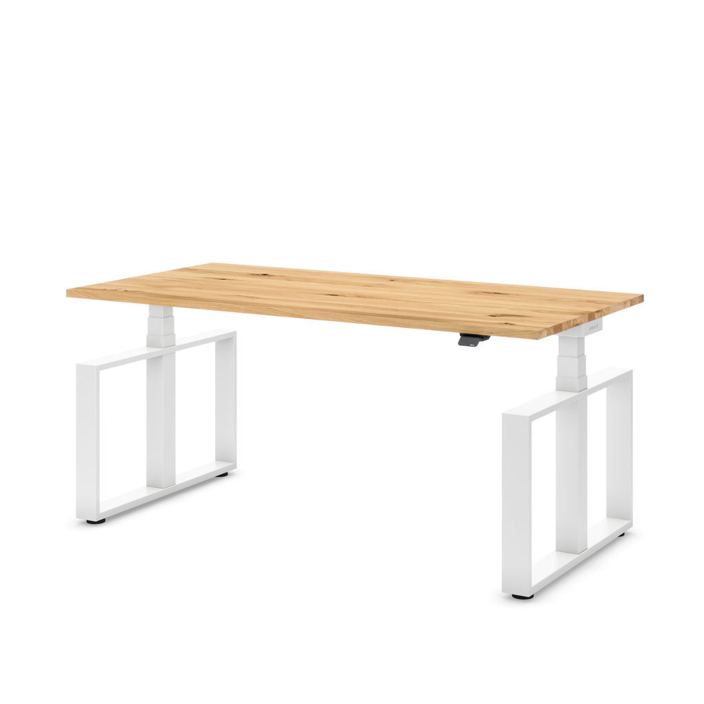 Masterlift® Flex höhenverstellbarer Schreibtisch Loop Stahl Edition Rechteck Eiche Massivholz/Weiß 160x80