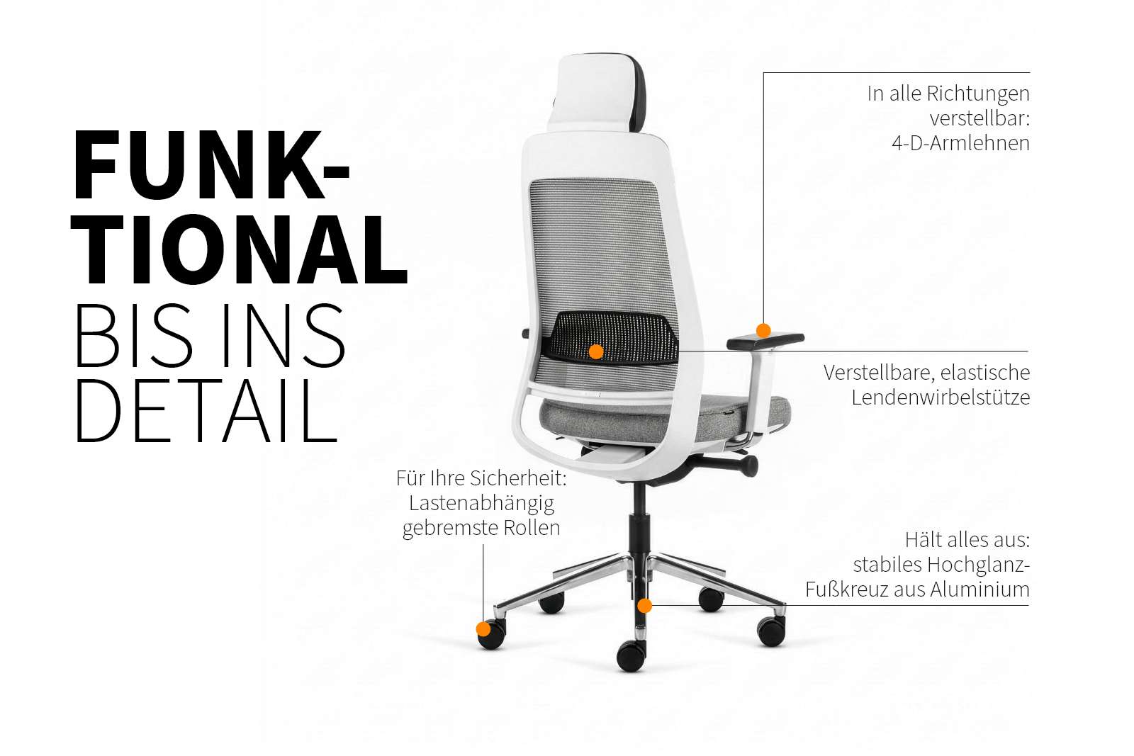 Inwerk Teamo® Original Plus - Bürostuhl mit Kopfstütze, Weiß/Grau