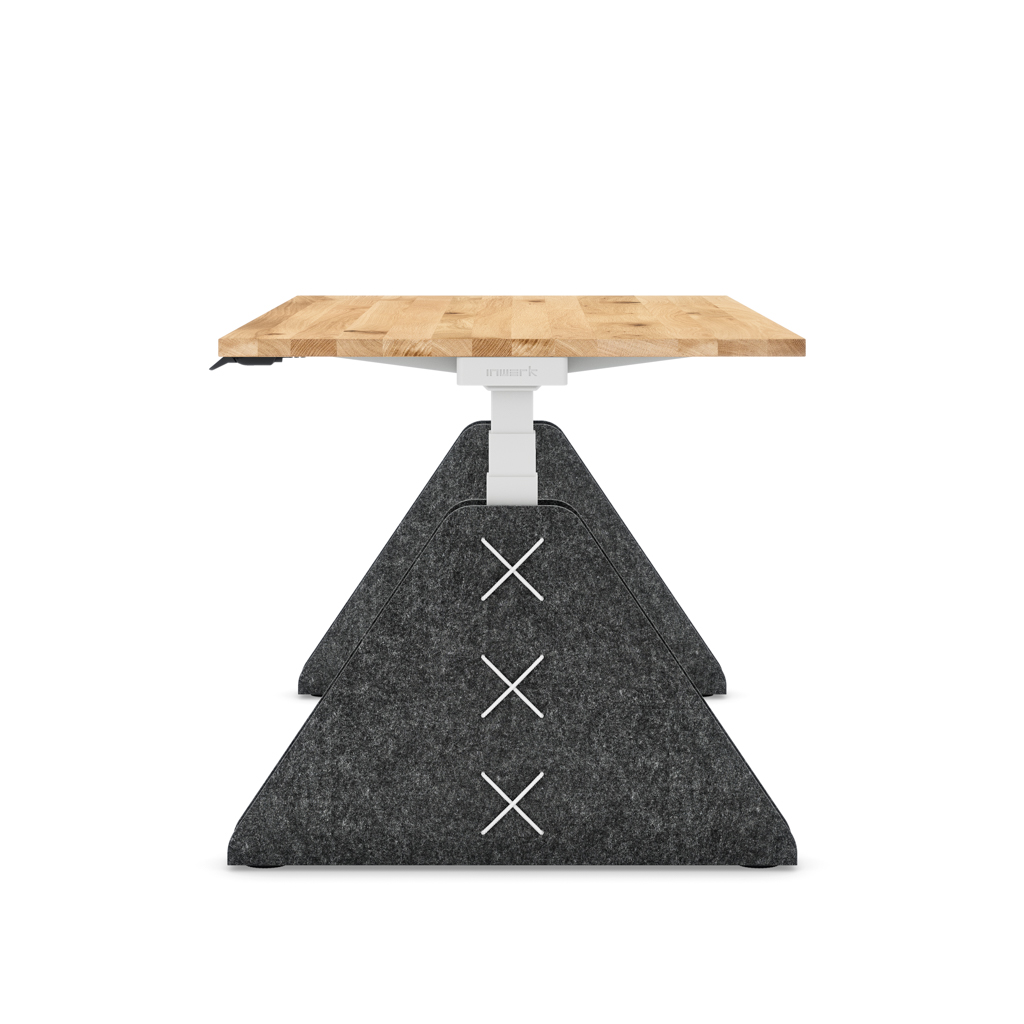 Höhenverstellbarer Schreibtisch Masterlift® Flex Akustix®-Edition, Trapez Dunkelgrau, Eiche Massivholz/Weiss 180x80