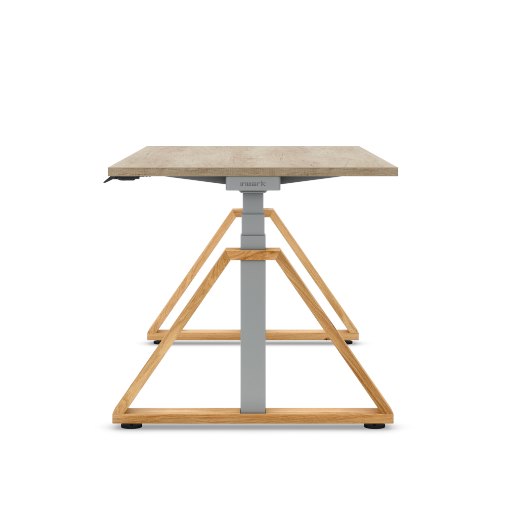 Höhenverstellbarer Schreibtisch Masterlift® Flex Loop-Edition, Holz Trapez, Eiche Dekor/Silber 180x80