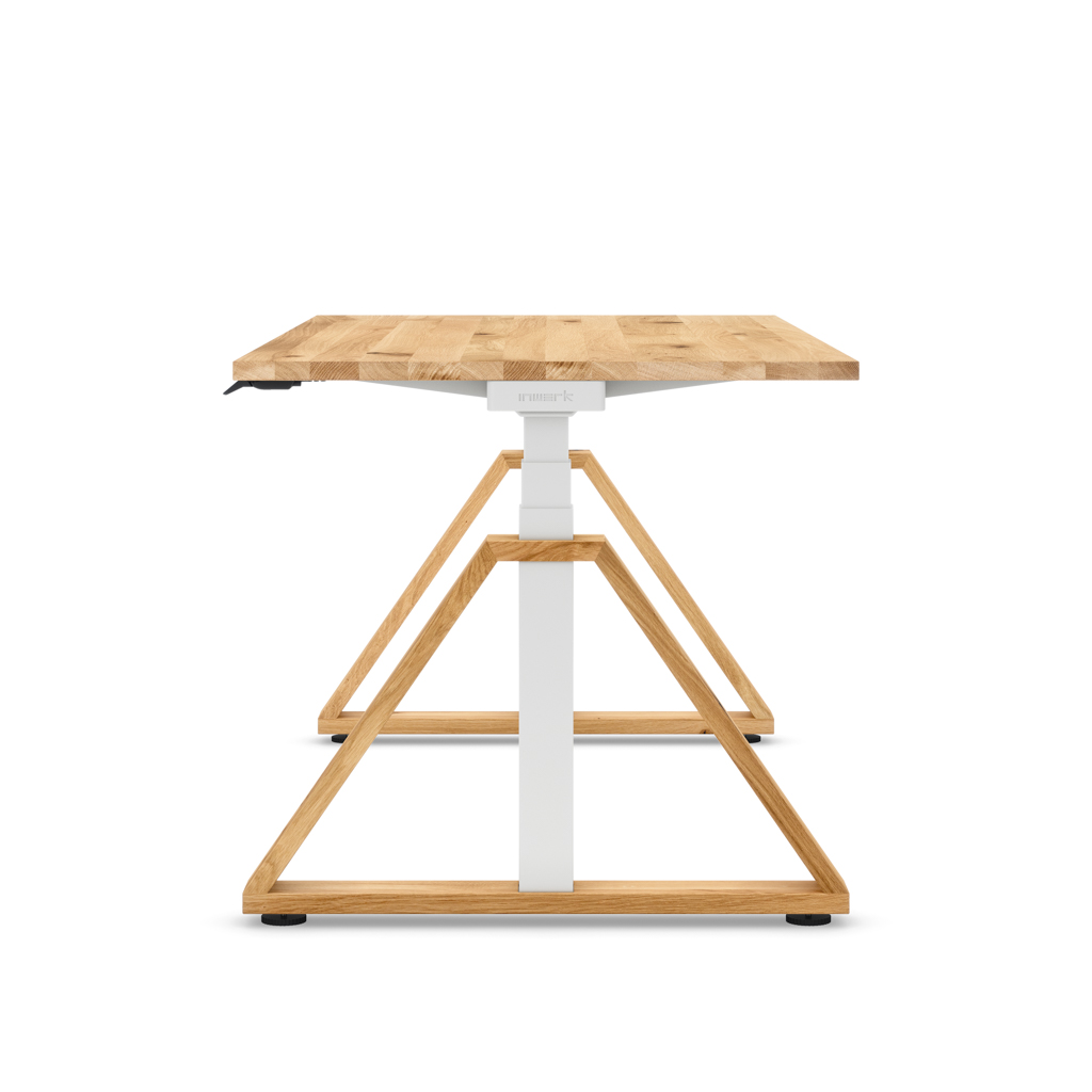 Höhenverstellbarer Schreibtisch Masterlift® Flex Loop-Edition, Holz Trapez, Eiche Massivholz/Weiss 160x80
