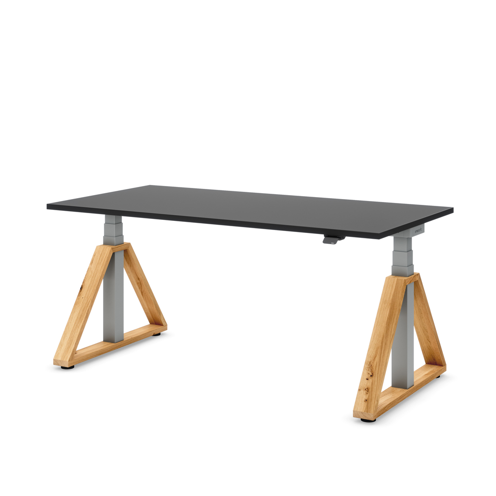 Höhenverstellbarer Schreibtisch Masterlift® Flex Loop-Edition, Holz Trapez, Schwarz Dekor/Silber 160x80