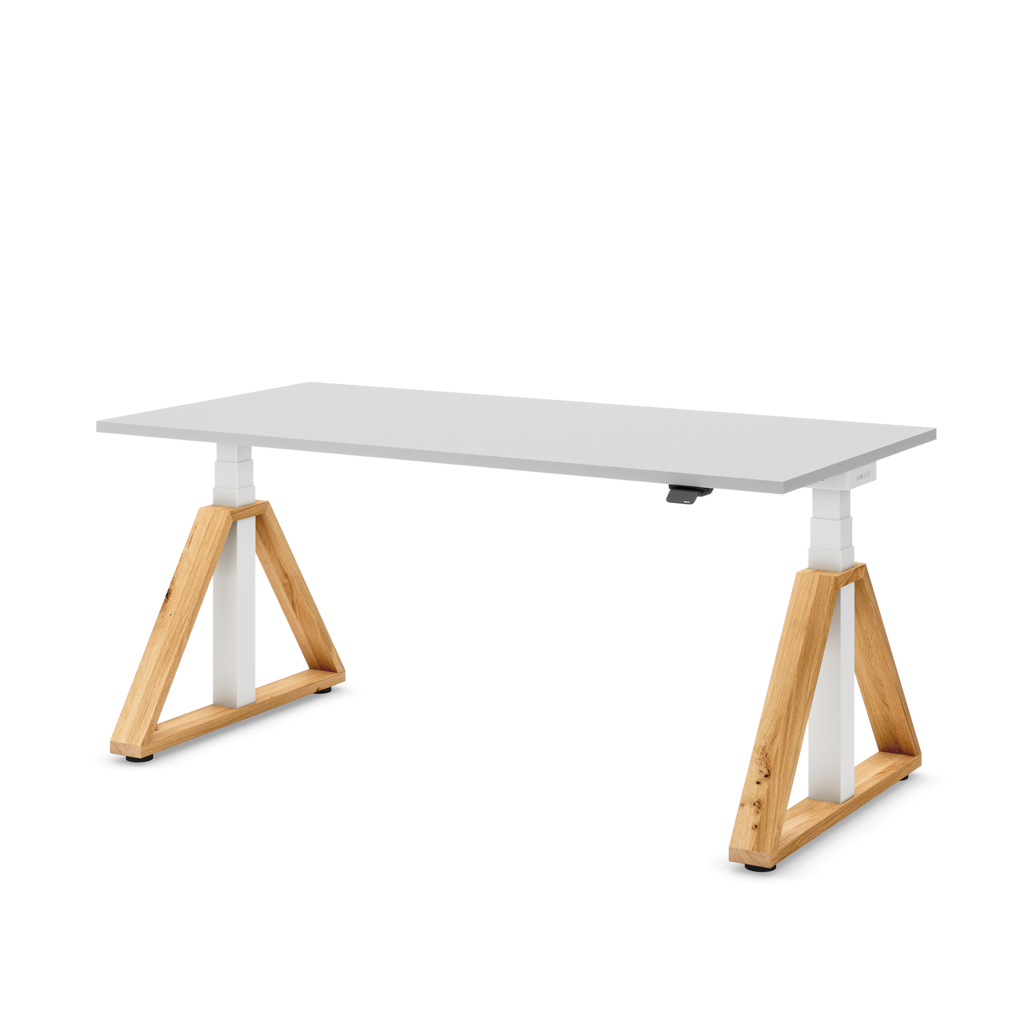 Höhenverstellbarer Schreibtisch Masterlift® Flex Loop-Edition, Holz Trapez, Lichtgrau Dekor/Weiss 180x80