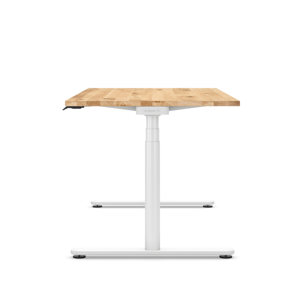 Höhenverstellbarer Schreibtisch Masterlift® Flex Basic rund, Eiche Massivholz/Weiss 180x80