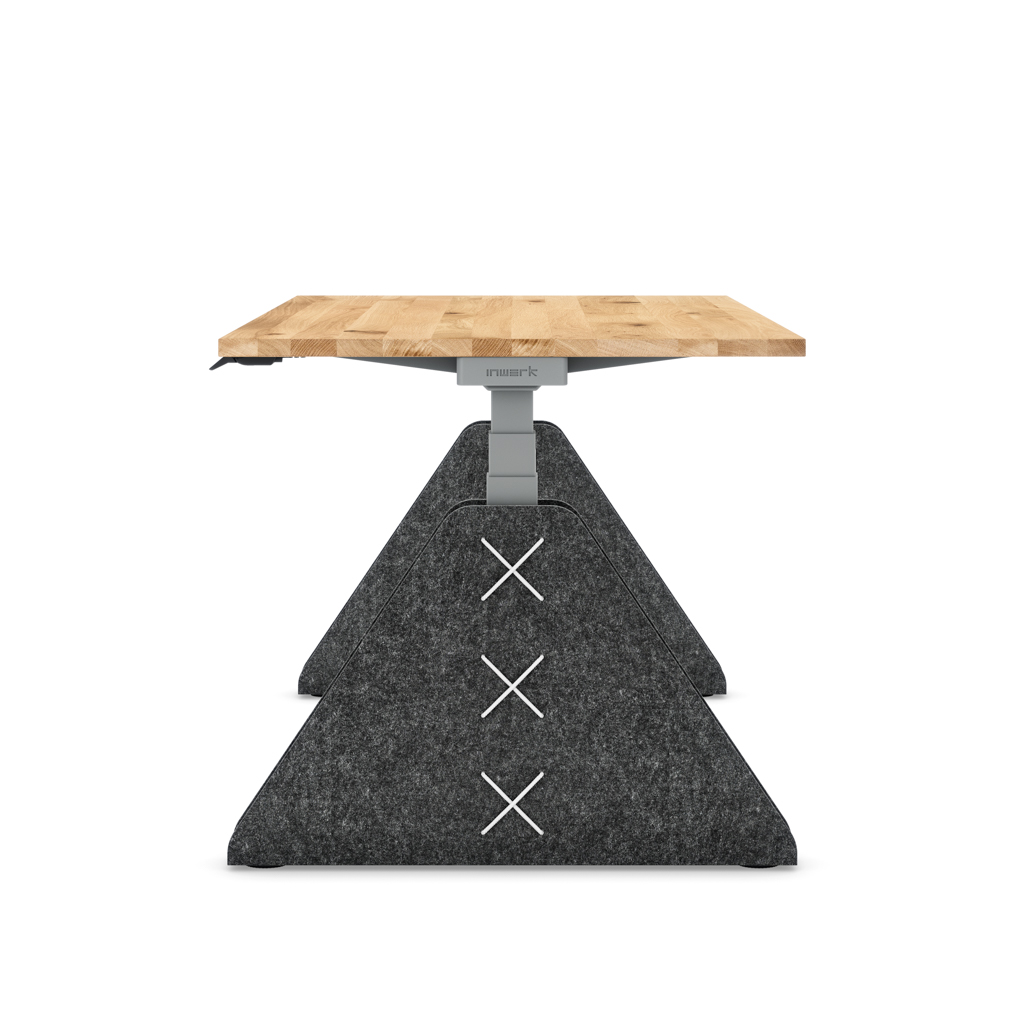 Höhenverstellbarer Schreibtisch Masterlift® Flex Akustix®-Edition, Trapez Dunkelgrau, Eiche Massivholz/Silber 180x80