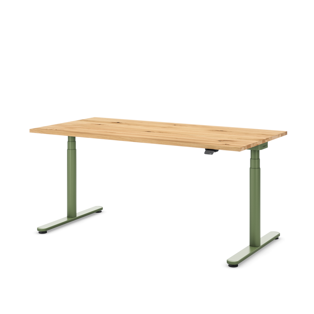 Höhenverstellbarer Schreibtisch Masterlift® Flex Basic rund, Eiche Massivholz/Resedagrün 160x80