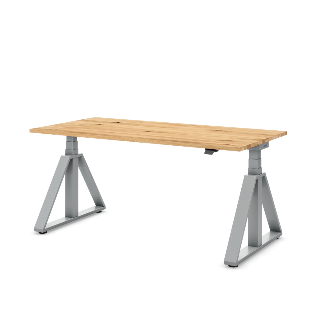Höhenverstellbarer Schreibtisch Masterlift® Flex Loop-Edition, Stahl Trapez, Eiche Massivholz/Silber 160x80