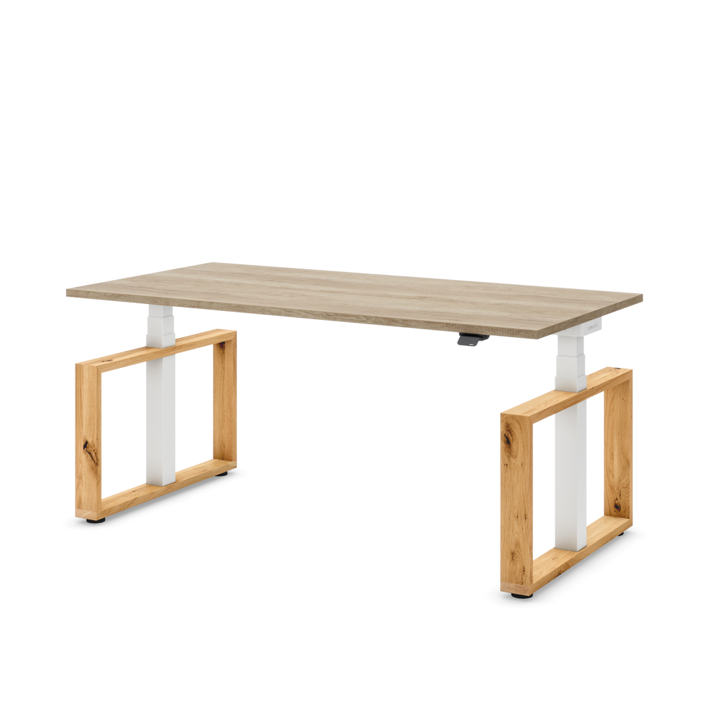 Höhenverstellbarer Schreibtisch Masterlift Flex Loop-Edition, Holz Rechteck, Eiche Dekor/Weiss 180x80