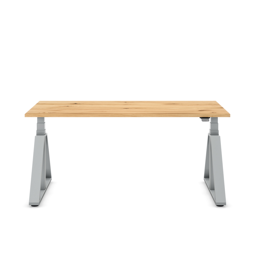 Höhenverstellbarer Schreibtisch Masterlift® Flex Loop-Edition, Stahl Trapez, Eiche Massivholz/Silber 160x80