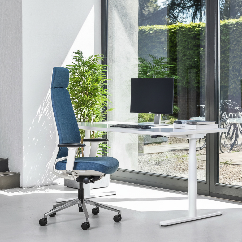 Teamo® Plush Plus - Ergonomischer Bürostuhl mit Kopfstütze, Vollpolster, Weiss/Blau