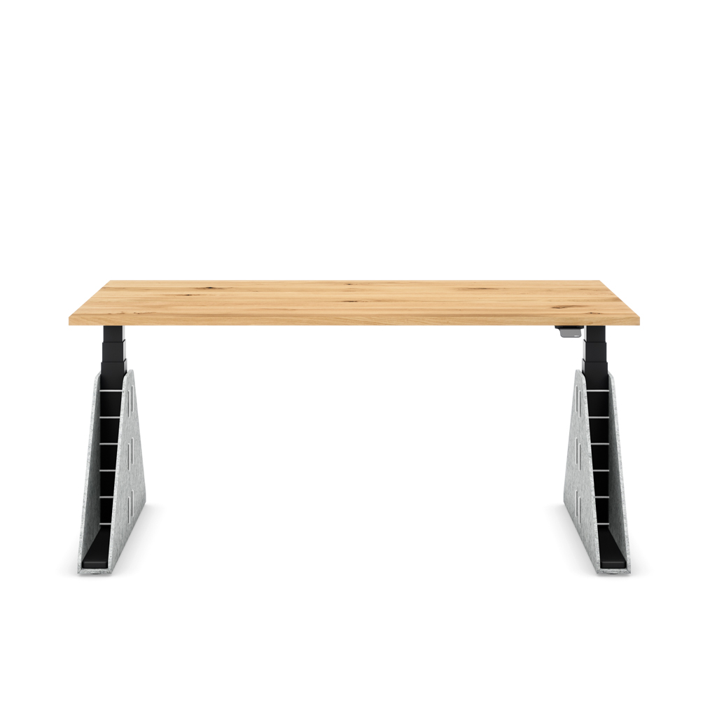 Höhenverstellbarer Schreibtisch Masterlift® Flex Akustix®-Edition, Trapez Hellgrau, Eiche Massivholz/Schwarz 180x80