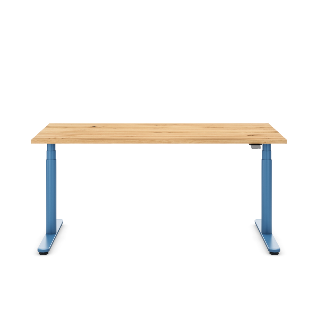 Höhenverstellbarer Schreibtisch Masterlift® Flex Basic rund, Eiche Massivholz/Brillantblau 160x80