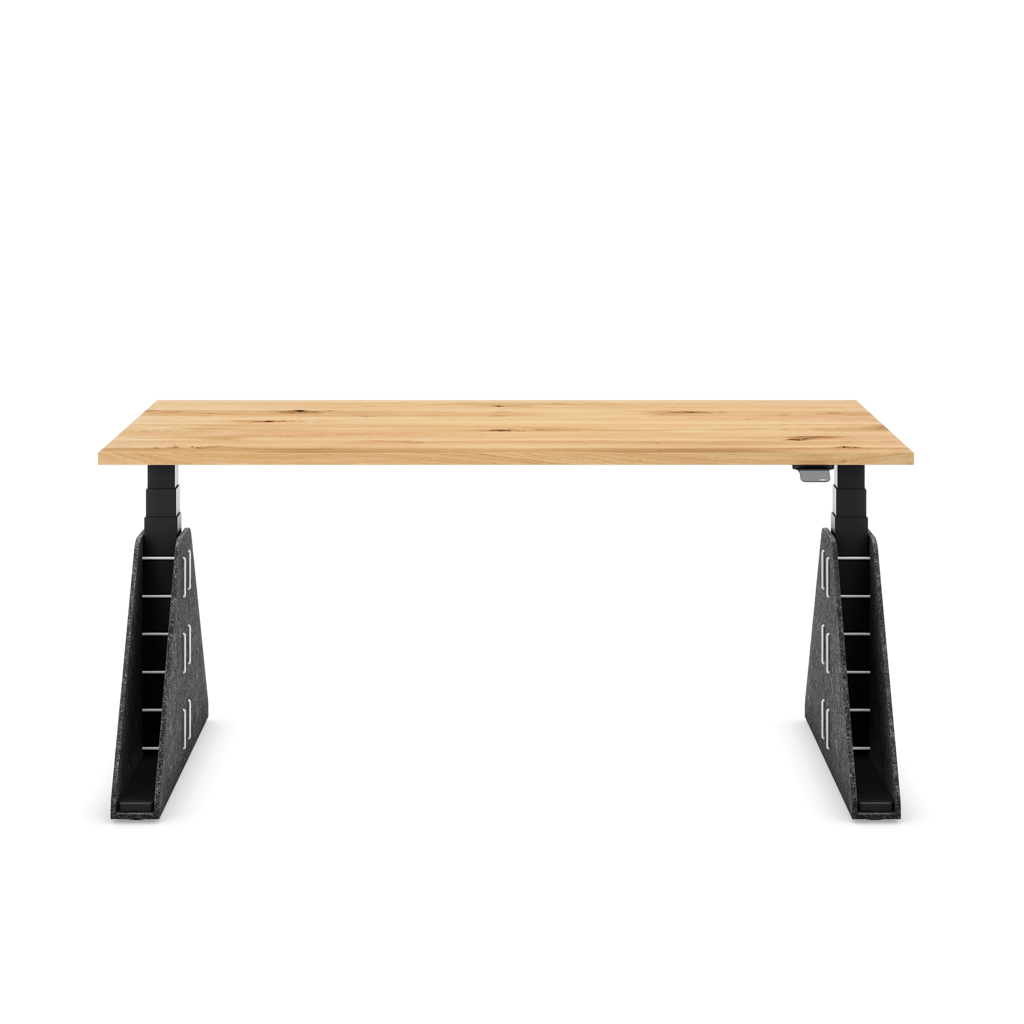 Höhenverstellbarer Schreibtisch Masterlift® Flex Akustix®-Edition, Trapez Dunkelgrau, Eiche Massivholz/Schwarz 180x80