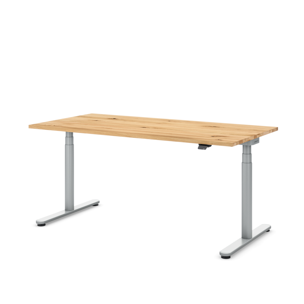 Höhenverstellbarer Schreibtisch Masterlift® Flex Basic rund, Eiche Massivholz/Silber 160x80
