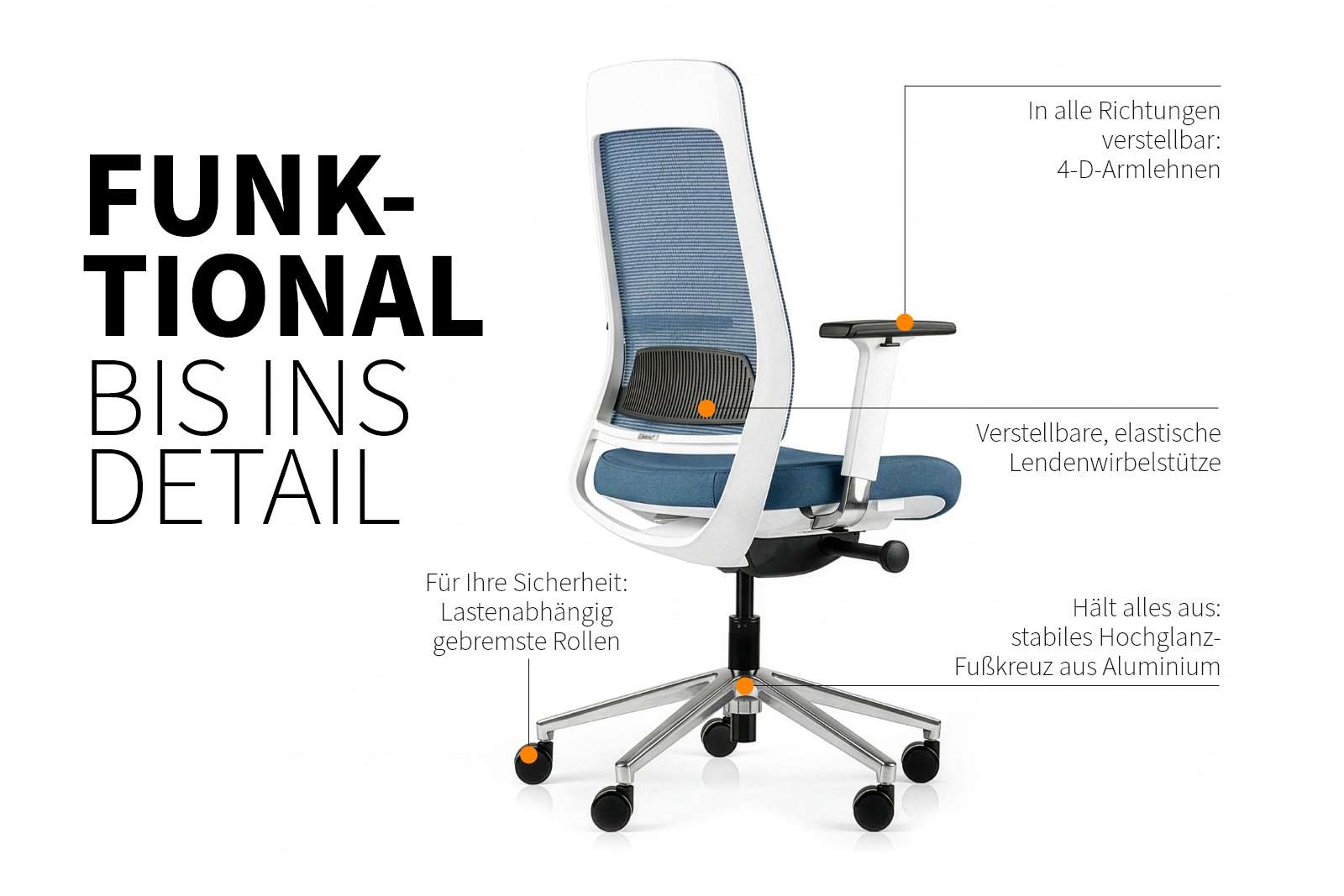 Inwerk Teamo® Original - Ergonomischer Bürostuhl, Weiß/Blau