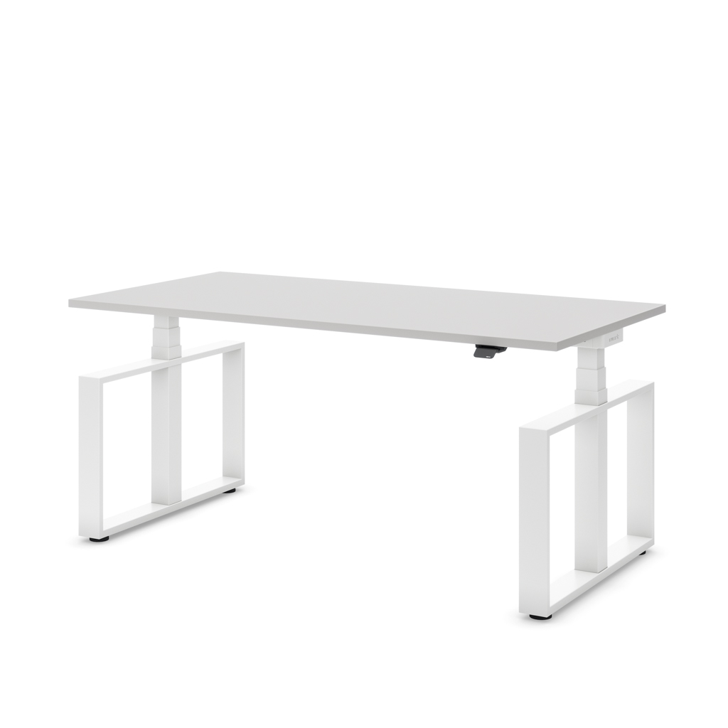 Höhenverstellbarer Schreibtisch Masterlift® Flex Loop-Edition, Stahl Rechteck, Lichtgrau Dekor/Weiss 180x80