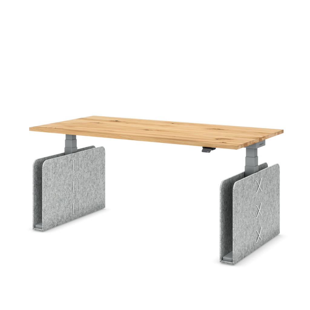 Höhenverstellbarer Schreibtisch Masterlift® Flex Akustix®-Edition, Rechteck Hellgrau, Eiche Massivholz/Silber 160x80