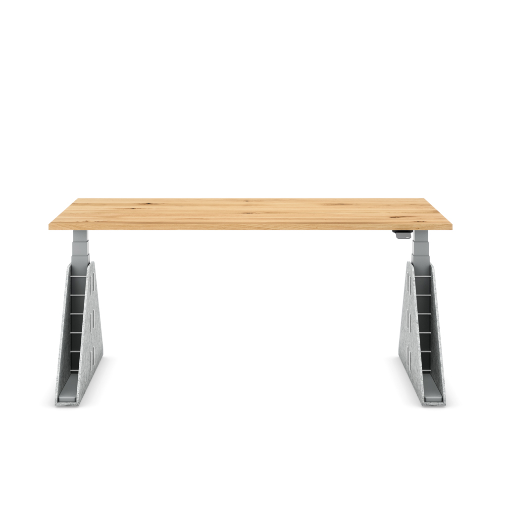 Höhenverstellbarer Schreibtisch Masterlift® Flex Akustix®-Edition, Trapez Hellgrau, Eiche Massivholz/Silber 160x80