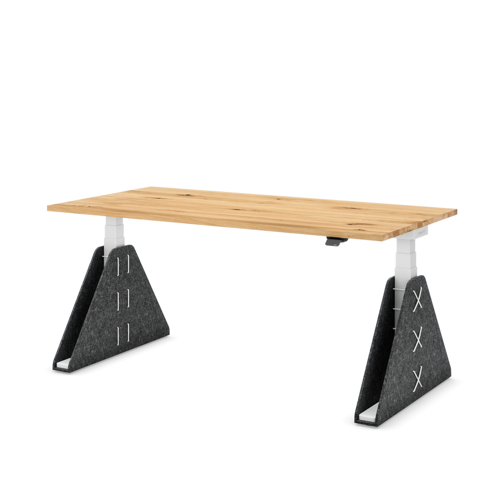 Höhenverstellbarer Schreibtisch Masterlift® Flex Akustix®-Edition, Trapez Dunkelgrau, Eiche Massivholz/Weiss 180x80