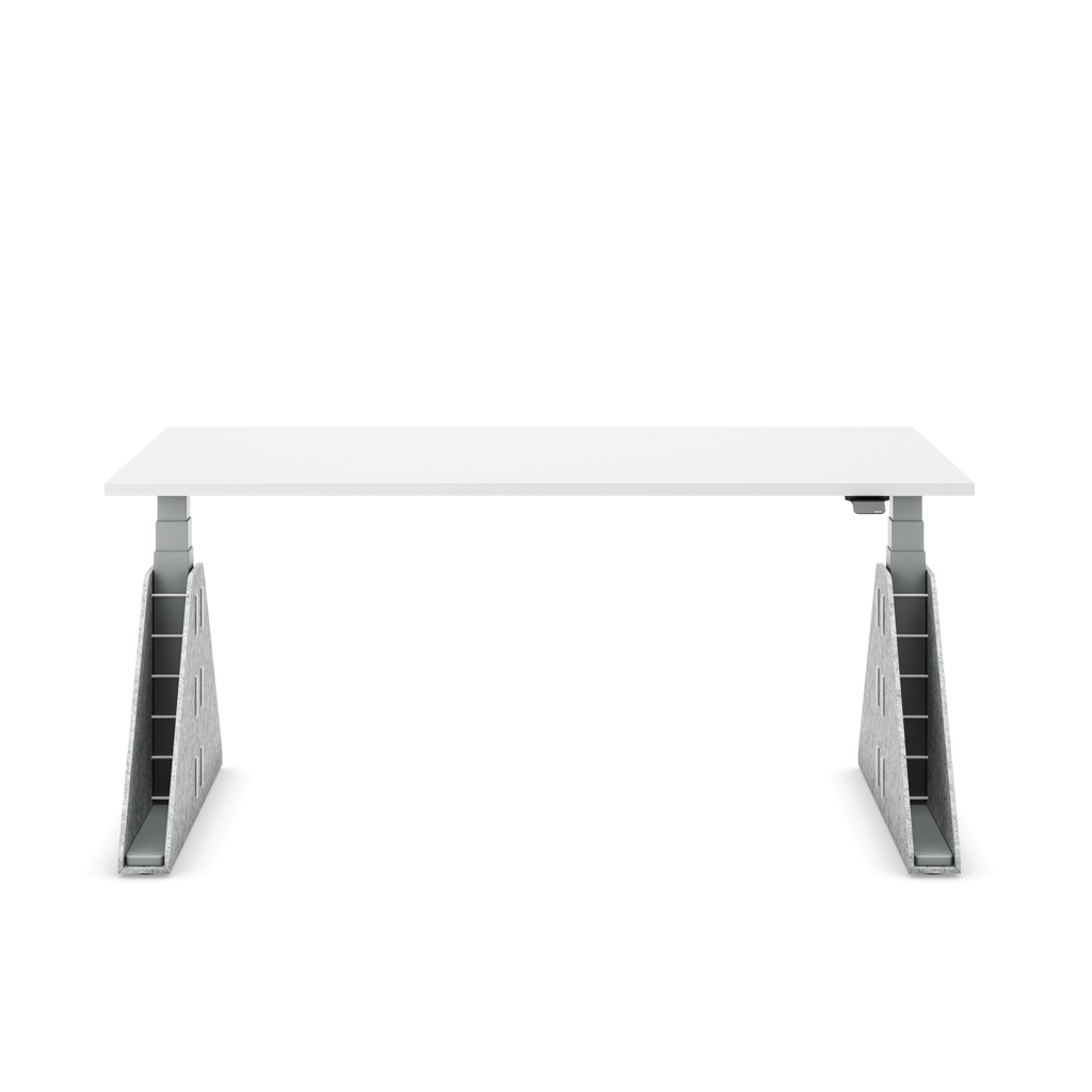 Höhenverstellbarer Schreibtisch Masterlift® Flex Akustix®-Edition, Trapez Hellgrau, Weiss Dekor/Silber 180x80