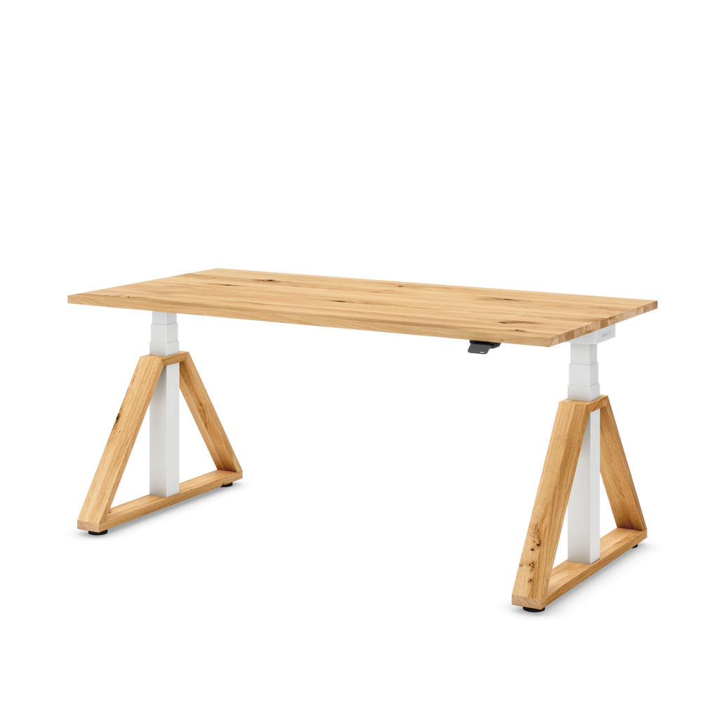Höhenverstellbarer Schreibtisch Masterlift® Flex Loop-Edition, Holz Trapez, Eiche Massivholz/Weiss 160x80