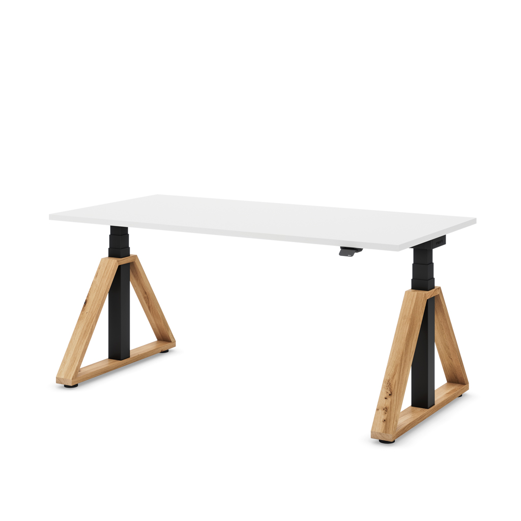 Höhenverstellbarer Schreibtisch Masterlift® Flex Loop-Edition, Holz Trapez, Weiss Dekor/Schwarz 120x80