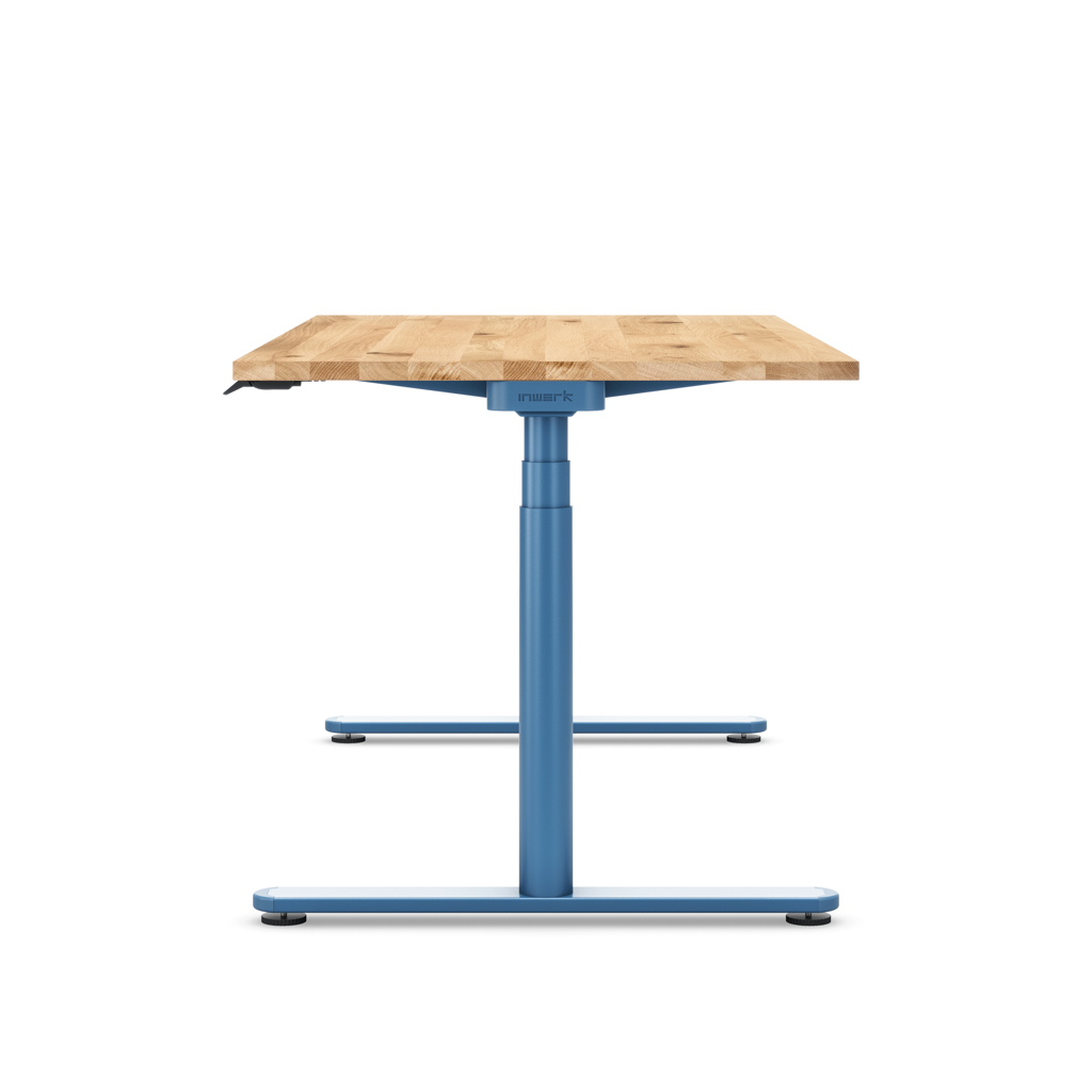 Höhenverstellbarer Schreibtisch Masterlift® Flex Basic rund, Eiche Massivholz/Brillantblau 160x80