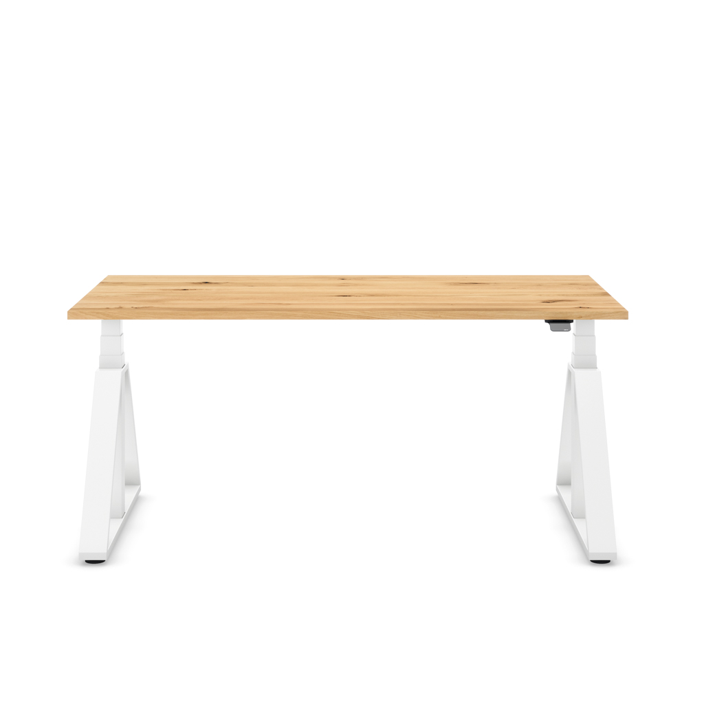 Höhenverstellbarer Schreibtisch Masterlift® Flex Loop-Edition, Stahl Trapez, Eiche Massivholz/Weiss 160x80