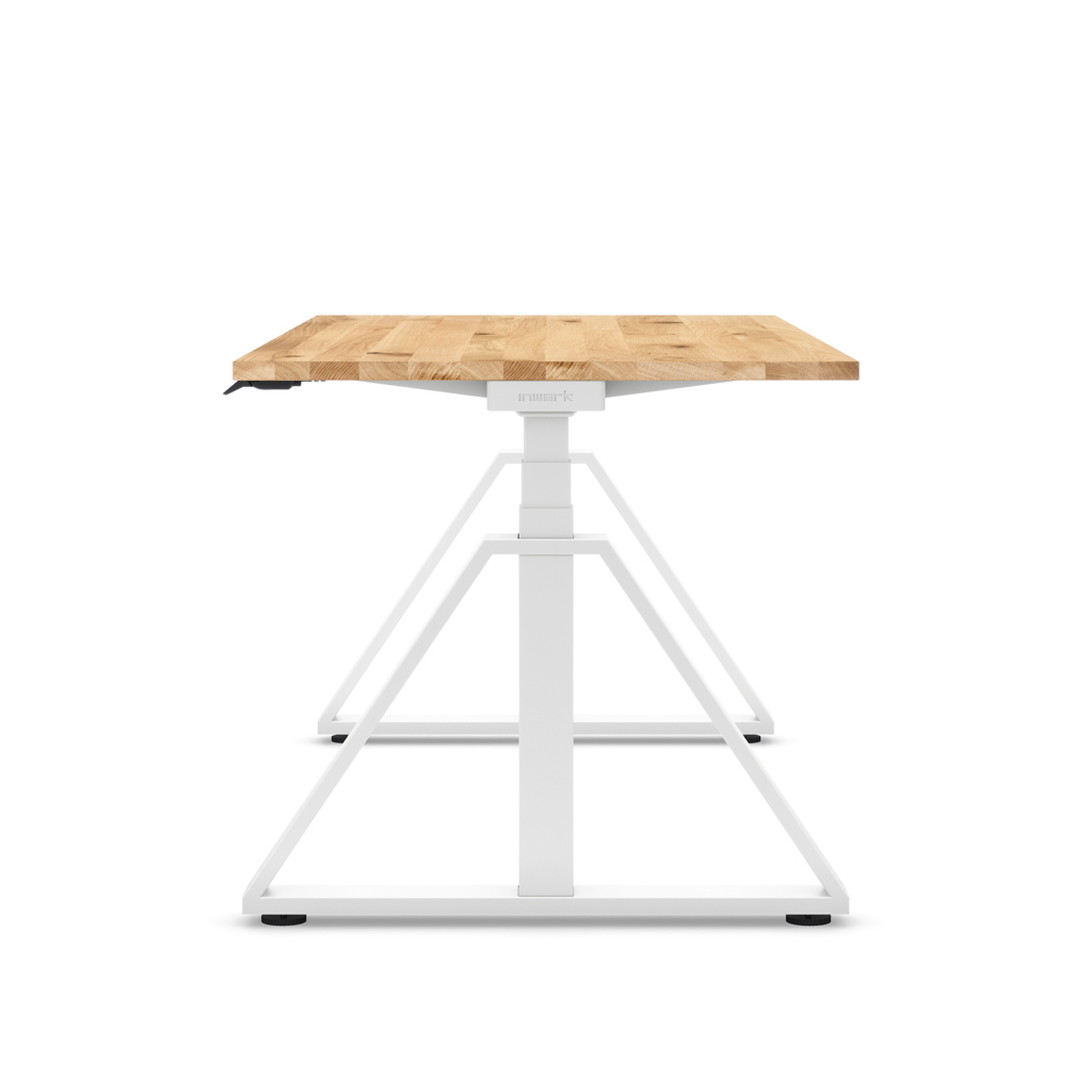 Höhenverstellbarer Schreibtisch Masterlift® Flex Loop-Edition, Stahl Trapez, Eiche Massivholz/Weiss 160x80