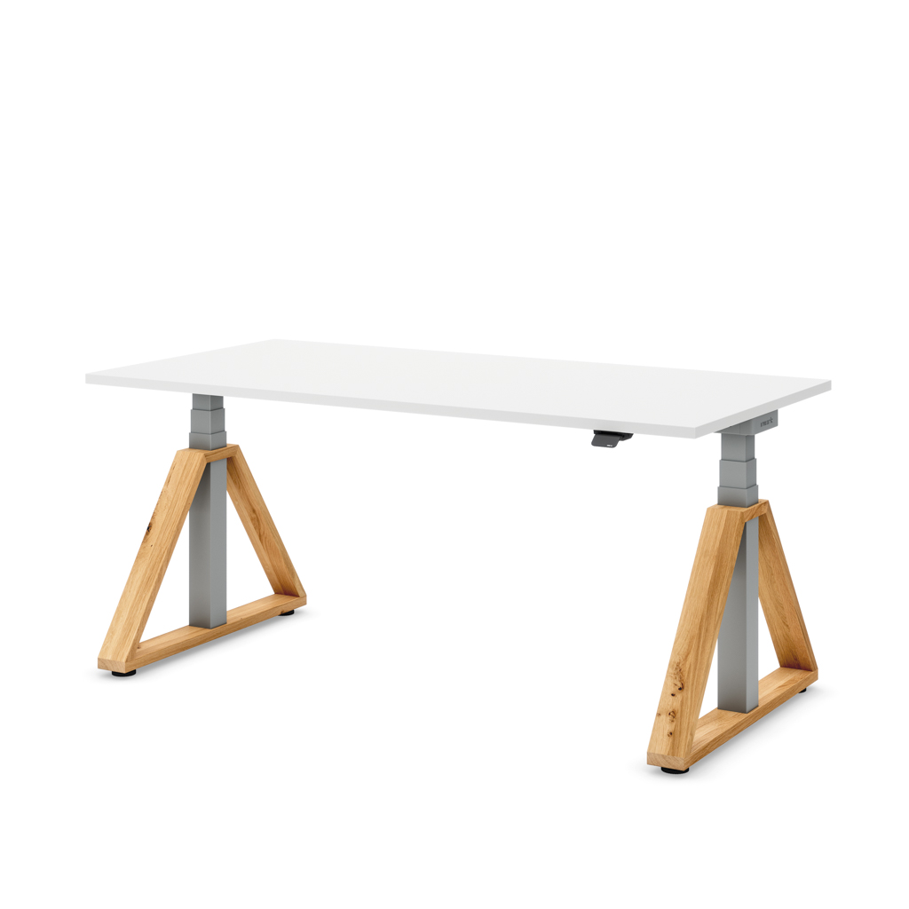 Höhenverstellbarer Schreibtisch Masterlift® Flex Loop-Edition, Holz Trapez, Weiss Dekor/Silber 120x80