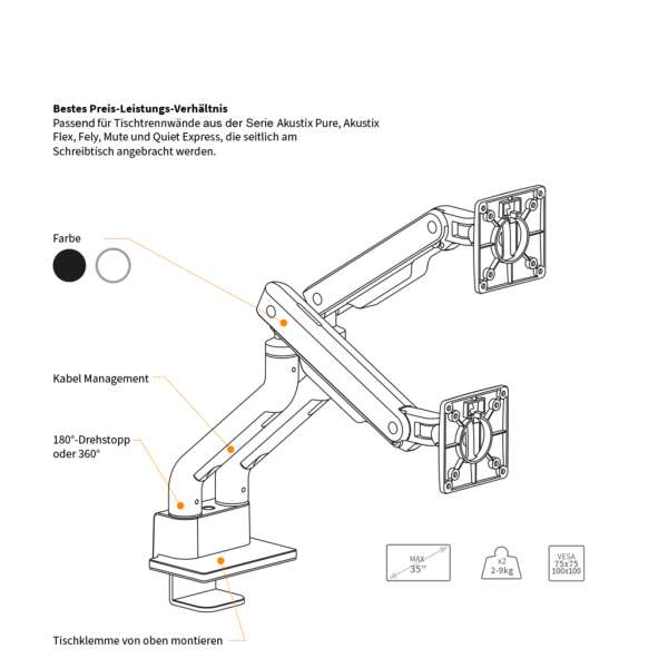 Monitorarm Inwerk® Duo Fit, mit Laptop-Halterung Schwarz