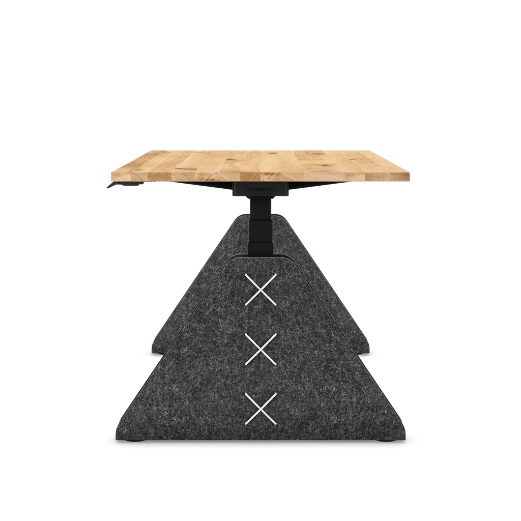 Höhenverstellbarer Schreibtisch Masterlift® Flex Akustix®-Edition, Trapez Dunkelgrau, Eiche Massivholz/Schwarz 180x80