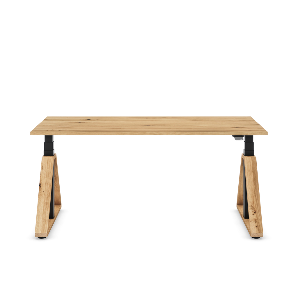 Höhenverstellbarer Schreibtisch Masterlift® Flex Loop-Edition, Holz Trapez, Eiche Massivholz/Schwarz 180x80