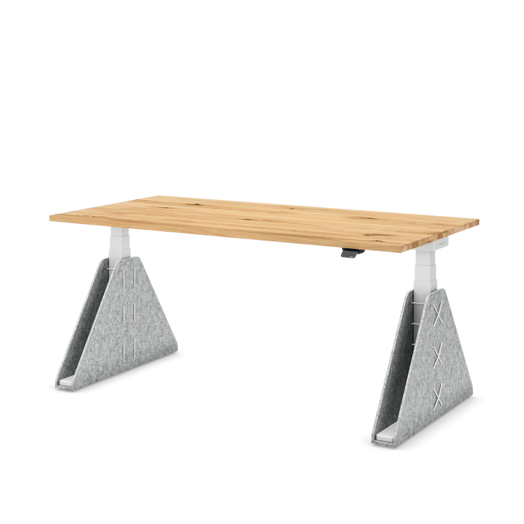 Masterlift Flex höhenverstellbarer Schreibtisch quadratisch Filz Edition Trapez Hellgrau Eiche Massivholz/Weiß 180x80